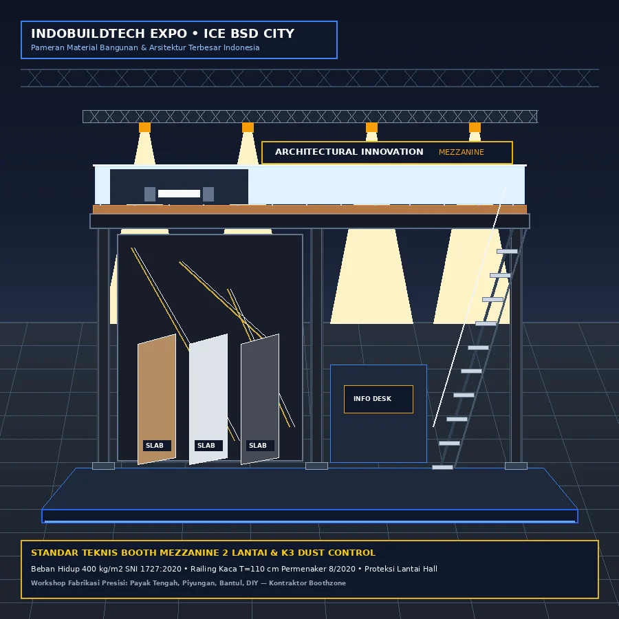 Visualisasi teknis booth pameran arsitektur dua lantai mezzanine di IndoBuildTech ICE BSD City dengan tangga baja ber-railing kaca, display marmer granit, tata lampu warm LED spotlight, dan proteksi lantai hall