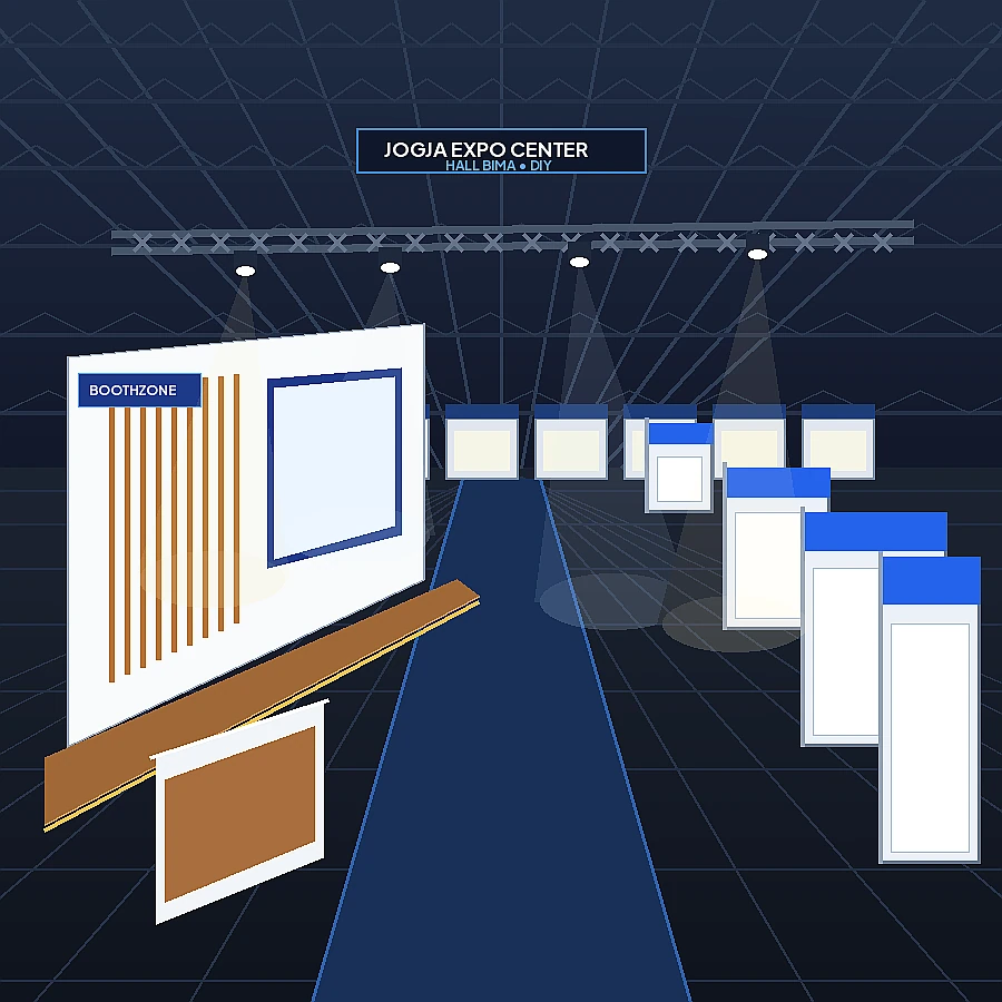 Struktur stan pameran modular dan booth custom kayu di dalam Hall Bima Jogja Expo Center (JEC) dengan instalasi lighting truss gantung dan lantai karpet pameran rapi