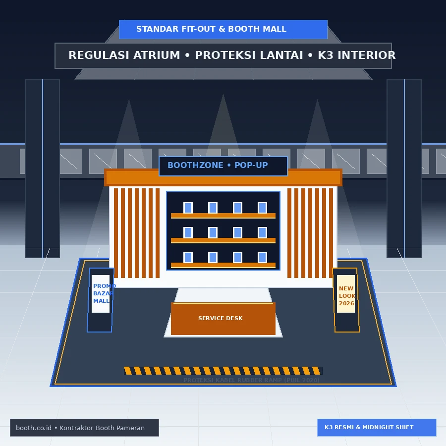 Ilustrasi teknis 3D arsitektural booth pop-up store di atrium mall dengan backdrop kayu HPL, rak display berlampu LED, meja kasir, dan proteksi lantai