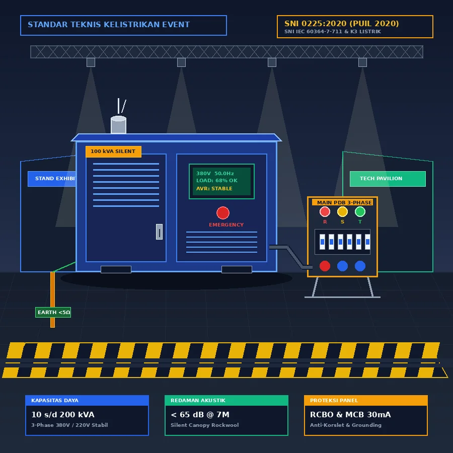 Diagram teknis instalasi kelistrikan booth pameran dan unit genset silent 100 kVA berkanopi kedap suara terhubung ke panel distribusi PDB 3-phase, jalur kabel protektor kuning-hitam, dan stan expo