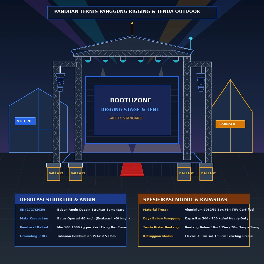 Visualisasi teknis struktur panggung rigging konser outdoor aluminium truss F34 beratap tenda kanopi hitam dengan deretan line-array speaker, lampu panggung moving head, dan tenda roder VIP pameran di lapangan terbuka