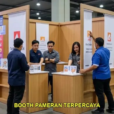 Penataan interior stand bazar mall compact dengan rak display produk dan signage