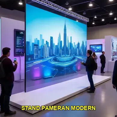 Stand booth pameran modern 3x3 meter siap pakai dengan spotlight dan meja display di hall expo
